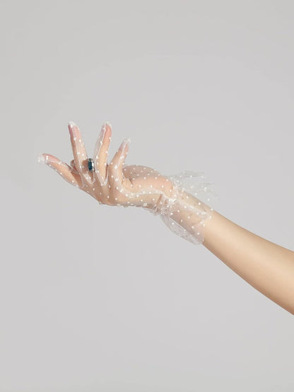 OYOANGLE Women's Lace Gloves Pearls Bridal Sheer Mesh Tea Party Short Glove