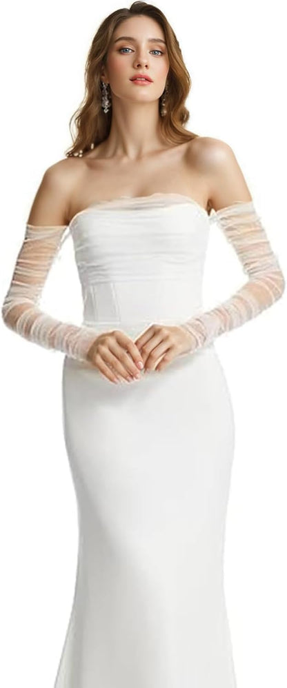 Long Tulle Pearl Wedding Gloves Elbow Length Summer Fingerless Glove