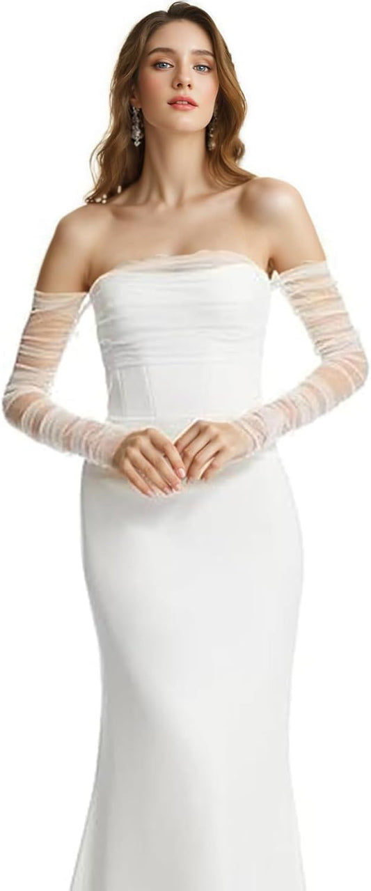 Long Tulle Pearl Wedding Gloves Elbow Length Summer Fingerless Glove