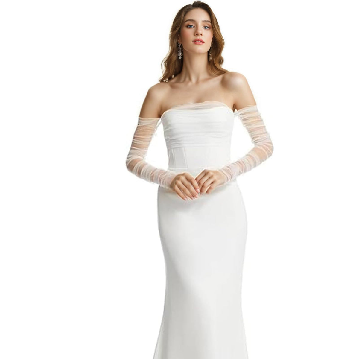 Long Tulle Pearl Wedding Gloves Elbow Length Summer Fingerless Glove
