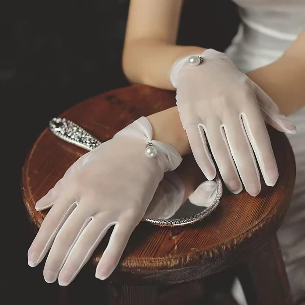 Women's Short Pearl Tulle Gloves Formal Bridal Wedding Wrist Gloves
