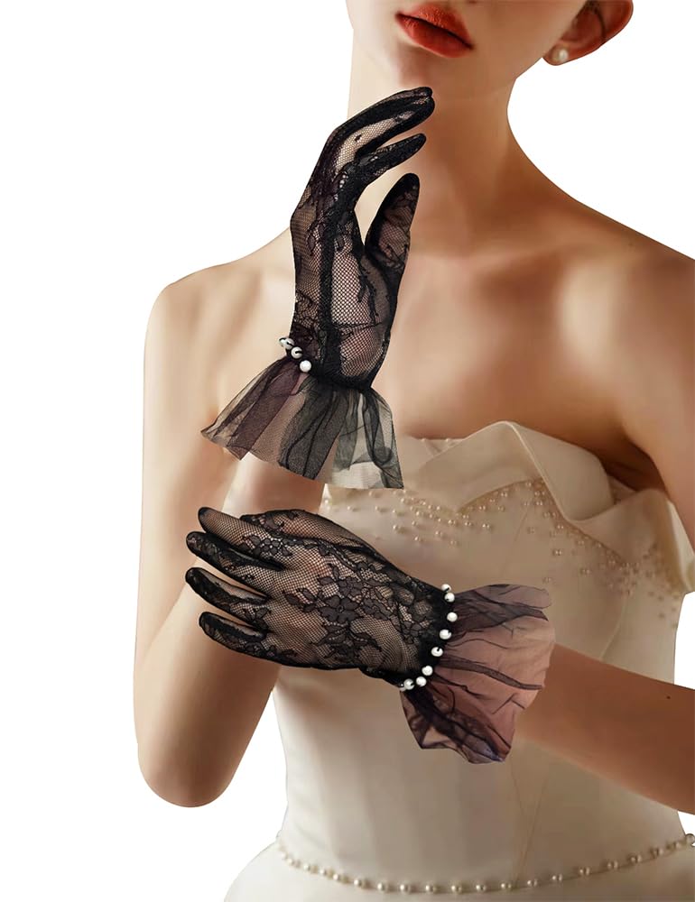 Women's Short Pearls Lace Mesh Gloves Tulle Bridal Tea Party Gloves