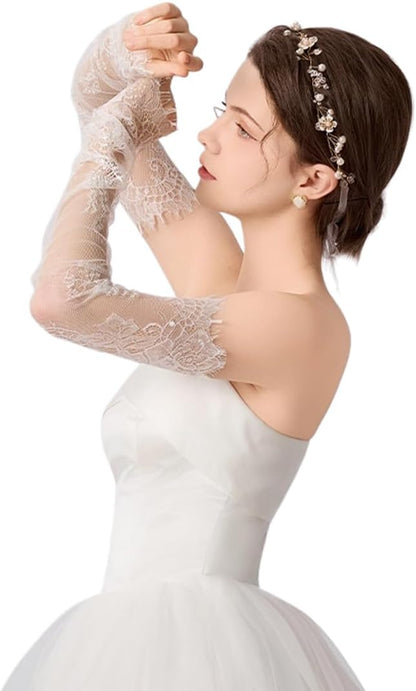Mrotrida Women's Fingerless Lace Long Bridal Gloves Removable Hollow Out Sheer Arm Sleeves Tulle Solid Color Wedding Gloves
