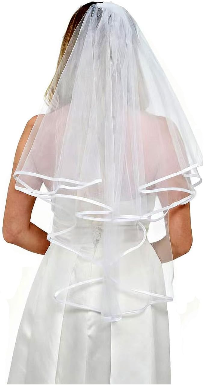 2 Tier White Bridal Veil with white binding