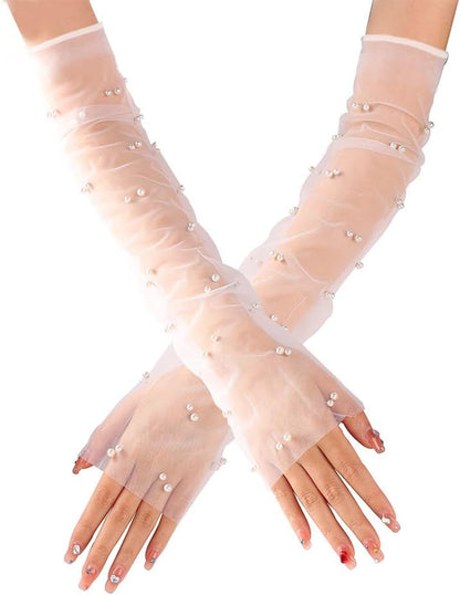 CASDRE Long Wedding Tulle Gloves White Pearl Bridal Arm Sleeves Elbow Length Fingerless Halloween Gloves for Women and Girls
