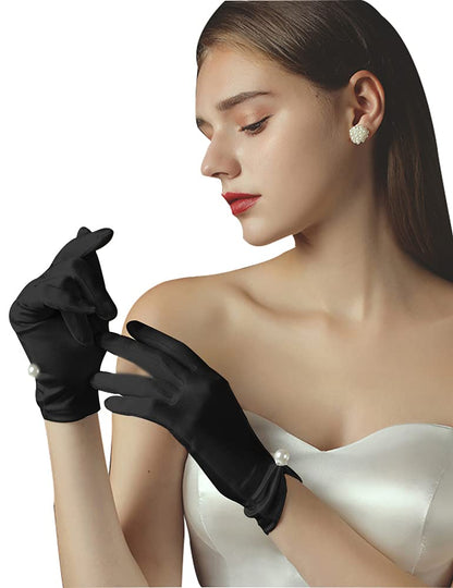QRBTSCL Women's Short Satin Gloves for Wedding Tulle Tea Party Gloves