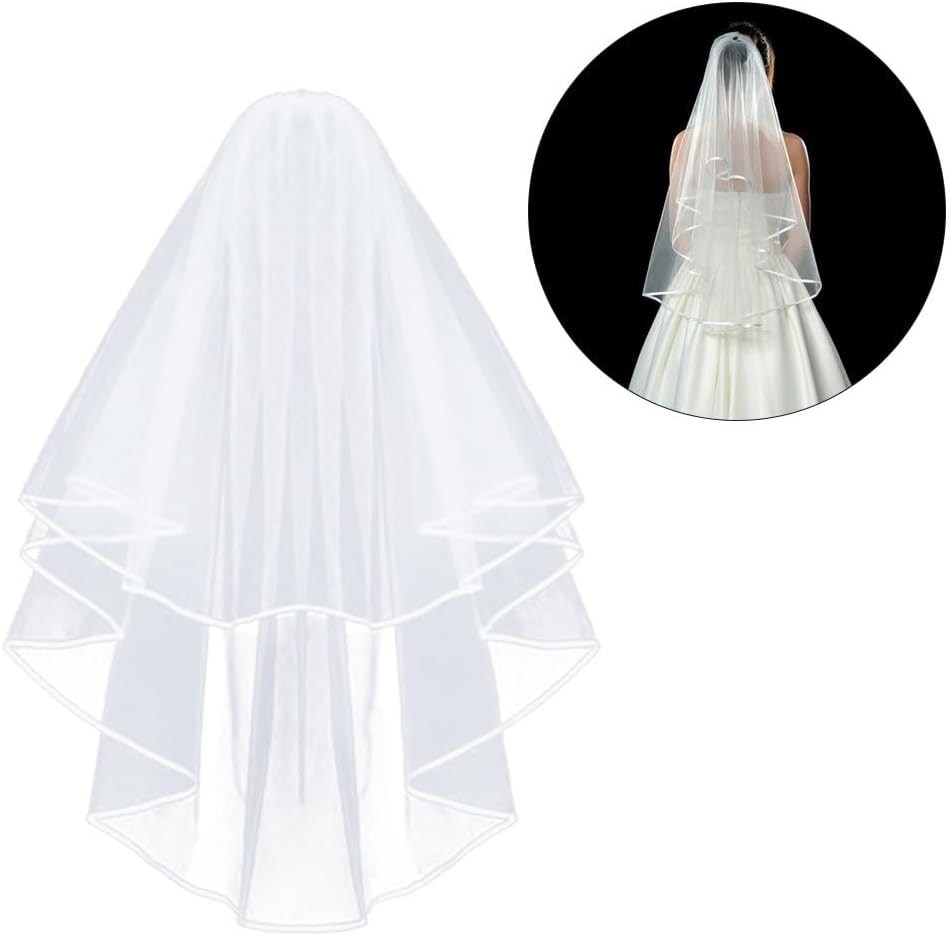 Korty Wedding Veil,2/3 Tier Ribbon Edge Center Cascade Bridal Veil with Comb for Bachelorette Party