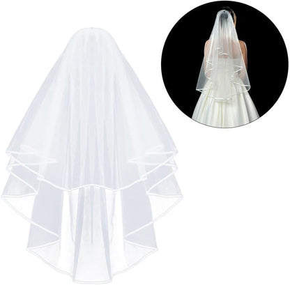 Korty Wedding Veil,2/3 Tier Ribbon Edge Center Cascade Bridal Veil with Comb for Bachelorette Party