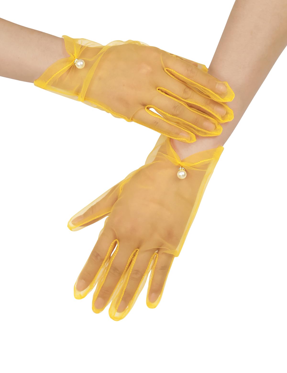Women's Short Pearl Tulle Gloves Formal Bridal Wedding Wrist Gloves