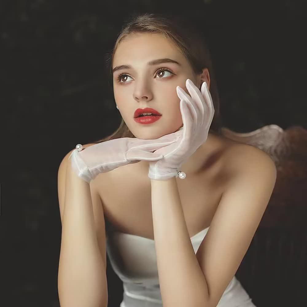 Women's Short Pearl Tulle Gloves Formal Bridal Wedding Wrist Gloves