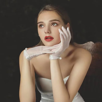 Women's Short Pearl Tulle Gloves Formal Bridal Wedding Wrist Gloves