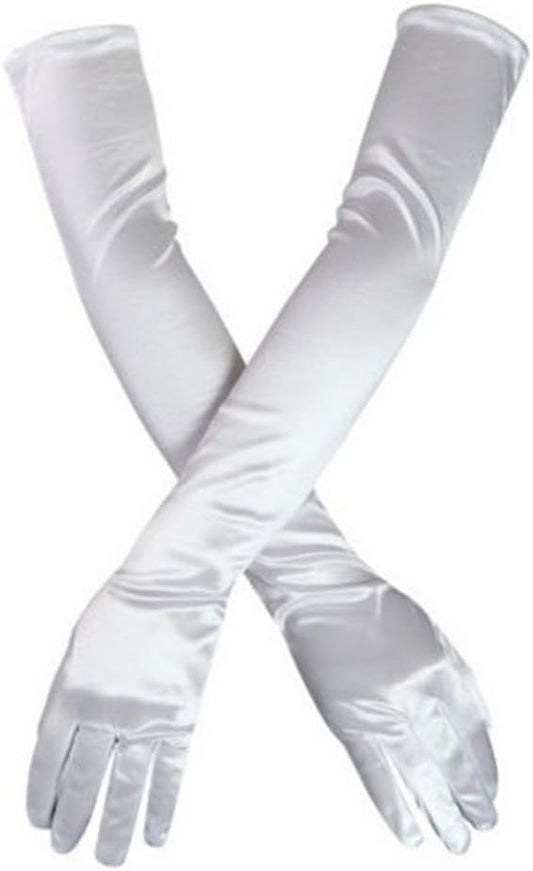 DreamHigh Women's Evening Party Mittens 21" Long Black/White Satin Finger Gloves