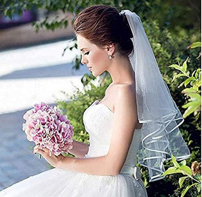 Korty Wedding Veil,2/3 Tier Ribbon Edge Center Cascade Bridal Veil with Comb for Bachelorette Party