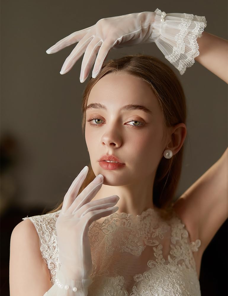 Women's Short Pearls Lace Mesh Gloves Tulle Bridal Tea Party Gloves