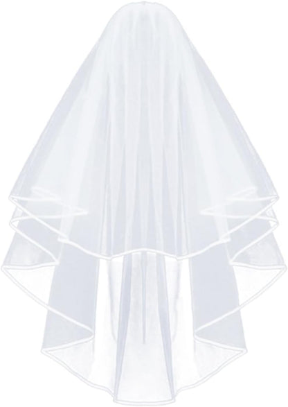 Korty Wedding Veil,2/3 Tier Ribbon Edge Center Cascade Bridal Veil with Comb for Bachelorette Party