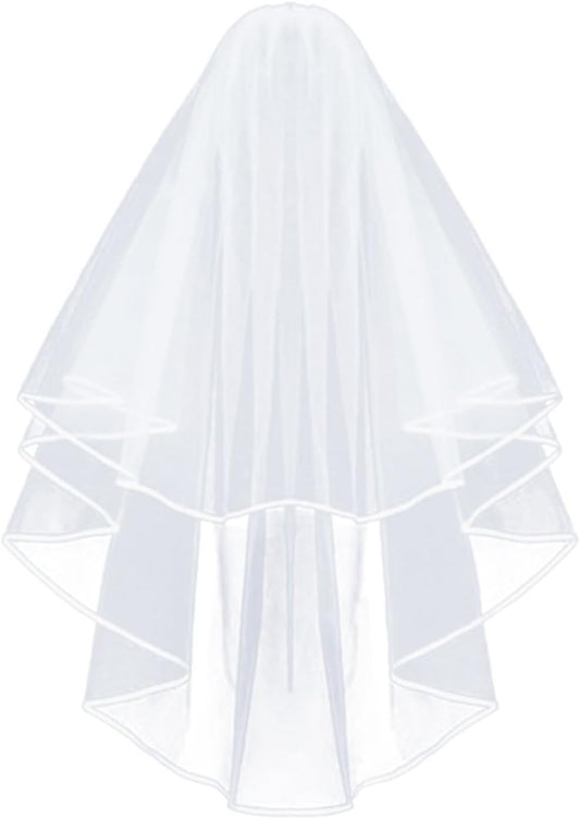 Korty Wedding Veil,2/3 Tier Ribbon Edge Center Cascade Bridal Veil with Comb for Bachelorette Party