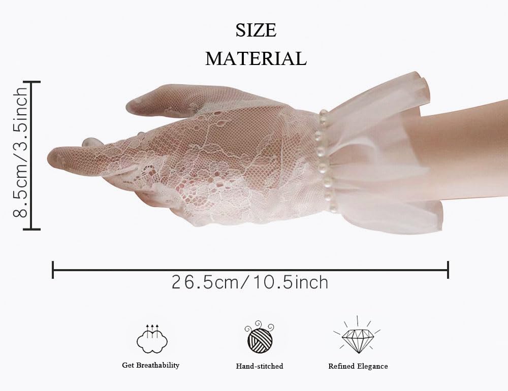 Women's Short Pearls Lace Mesh Gloves Tulle Bridal Tea Party Gloves