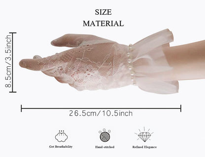 Women's Short Pearls Lace Mesh Gloves Tulle Bridal Tea Party Gloves