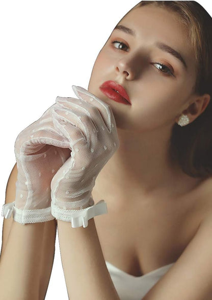 QRBTSCL Women's Lace Gloves Short Tea Party Wedding Bridal Gloves with Bow