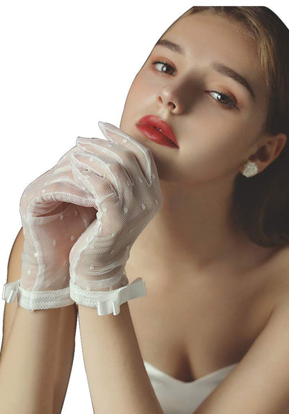 QRBTSCL Women's Lace Gloves Short Tea Party Wedding Bridal Gloves with Bow