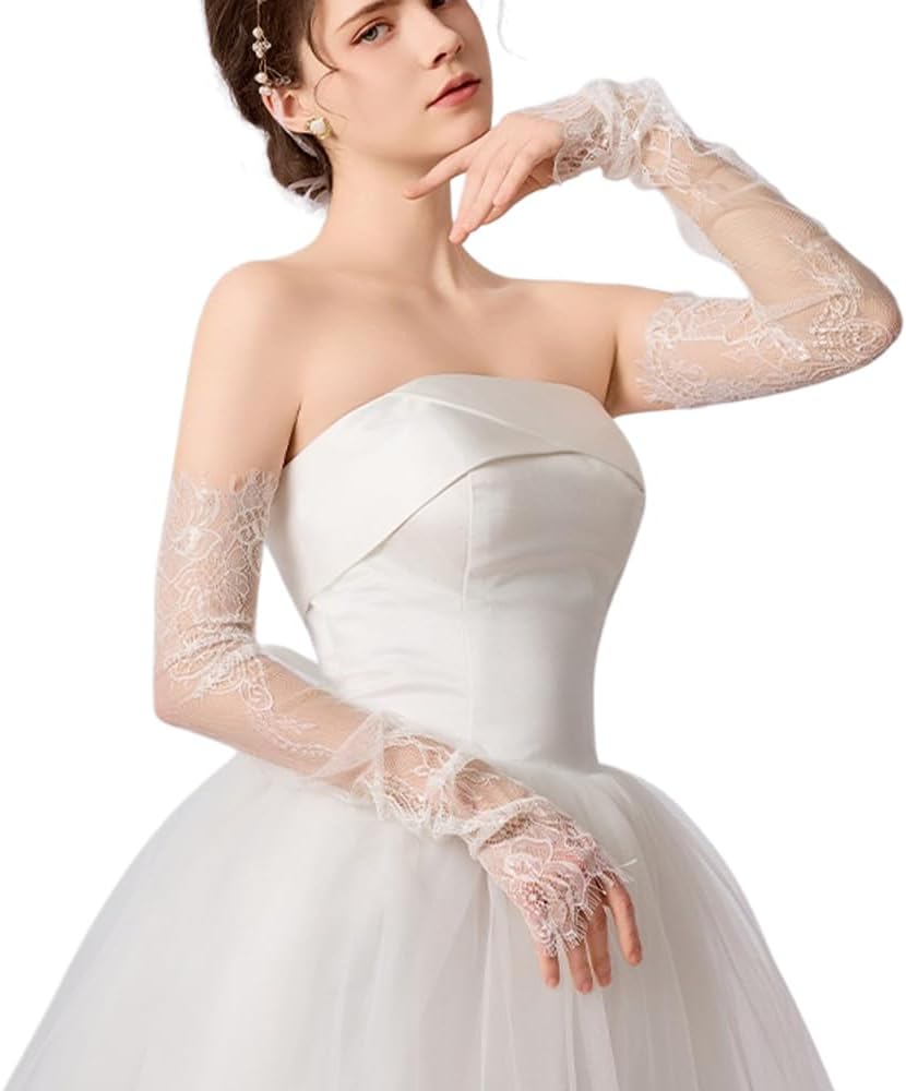 Mrotrida Women's Fingerless Lace Long Bridal Gloves Removable Hollow Out Sheer Arm Sleeves Tulle Solid Color Wedding Gloves