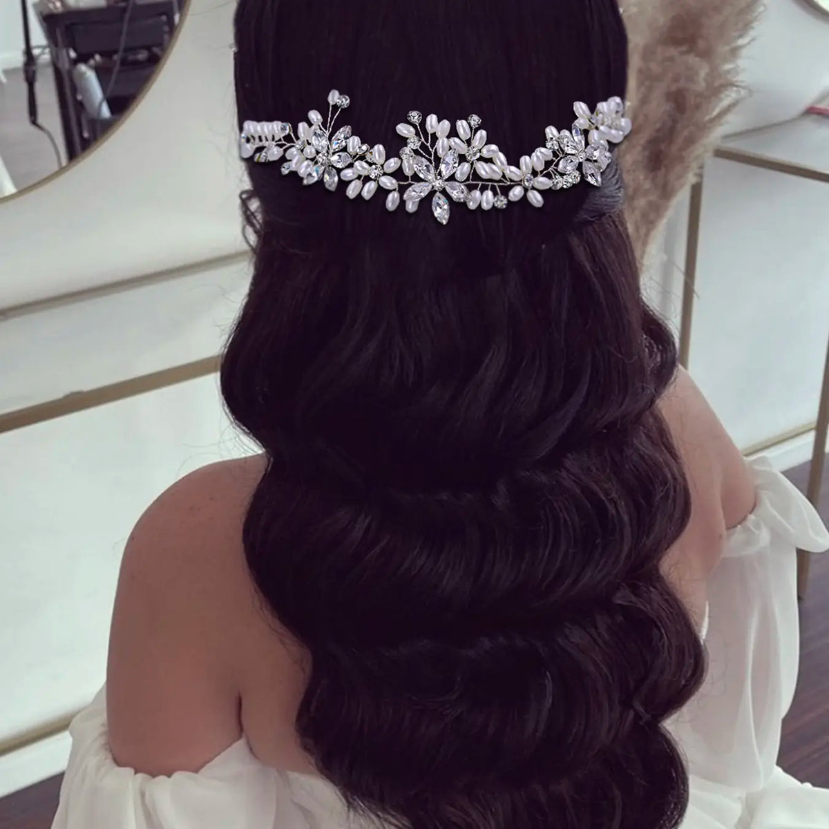 Women's Pearl Rhinestone Hair Comb Boho Style Bridal Wedding Party Dance Headpiece, Ditsy Floral Design, All Seasons Accessory, Bridal Headwear