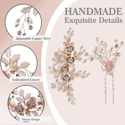 4 PCS Bridal Rose Gold Hair Accessories for Brides and Bridesmaids Rhinestone Hair Pins Crystal Flower Barrette Wedding Combs with Leaves sohochic