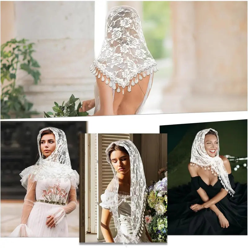 Triangle Veil Lace Head Covering Chapel Scarf Embroidery Headpiece Grace Bridal Veils Elegance Tulle Floral Hair Accessories Fit Party Birthday Wedding Halloween Masquerade(White) at Women’s Clothing store