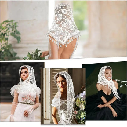 Triangle Veil Lace Head Covering Chapel Scarf Embroidery Headpiece Grace Bridal Veils Elegance Tulle Floral Hair Accessories Fit Party Birthday Wedding Halloween Masquerade(White) at Women’s Clothing store