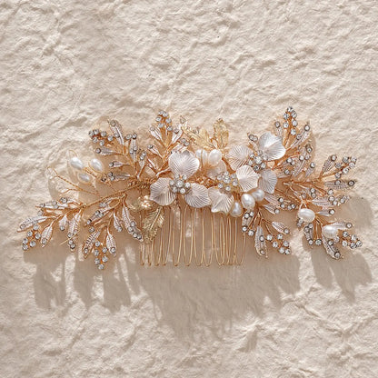 French Vintage Pearl Rhinestone Hair Comb, Stunning Bride Wedding Headpiece, Gold Leaf Hair Pin, Bridesmaid Photo Shoot Accessory
