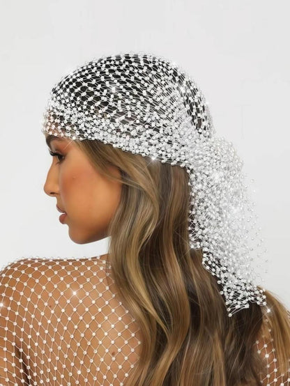 Rhinestone Fishnet Elastic Hairband, Glittering Mesh Veil Headpiece for Women, Bridal Headband, Fashion Accessory for Daily Wedding Party Dance