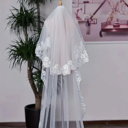 Bridal Trailing Veil - Exquisite Romantic Western Wedding Veil with Floral Lace Edge, Flower Print for Classic Wedding Ceremony, Formal Events