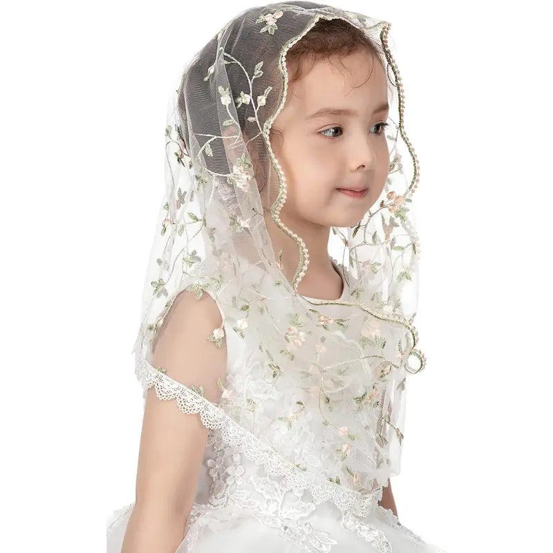 Girls' Infinity Lace Fabric Mantilla Chapel Veil - Catholic Ceremony Accessory for First Communion, Baptism (White D)