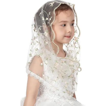 Girls' Infinity Lace Fabric Mantilla Chapel Veil - Catholic Ceremony Accessory for First Communion, Baptism (White D)