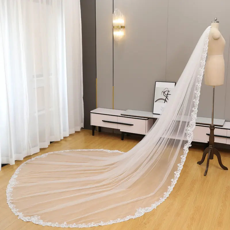 Simple lace wedding veil, Lace trim bridal wedding veil, Cathedral wedding veil, Ivory soft tulle bridal veil