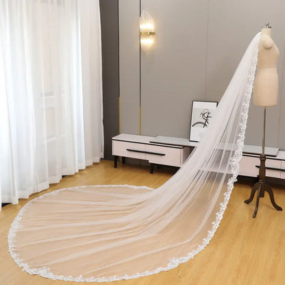 Simple lace wedding veil, Lace trim bridal wedding veil, Cathedral wedding veil, Ivory soft tulle bridal veil