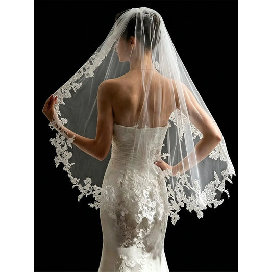 Fashionable Vintage Romantic Layered Floral Lace Bride Veil, Ultra-Light Wrinkle-Resistant Flowy Transparent Tulle Veil, Elegant High-Quality Decoration for All-Year-Bride