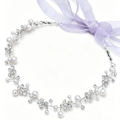Luxe Petite Handmade Pearl & Crystal Hair Vine, Satin Ribbon Bridal Headpiece, Luxury Wedding Hair Accessory for Brides, Bridesmaids, Flower Girls