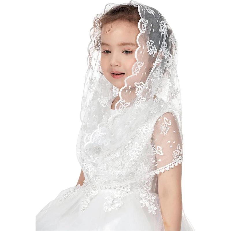 Girls' Infinity Lace Fabric Mantilla Chapel Veil - Catholic Ceremony Accessory for First Communion, Baptism (White D)