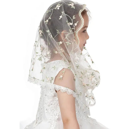 Girls' Infinity Lace Fabric Mantilla Chapel Veil - Catholic Ceremony Accessory for First Communion, Baptism (White D)