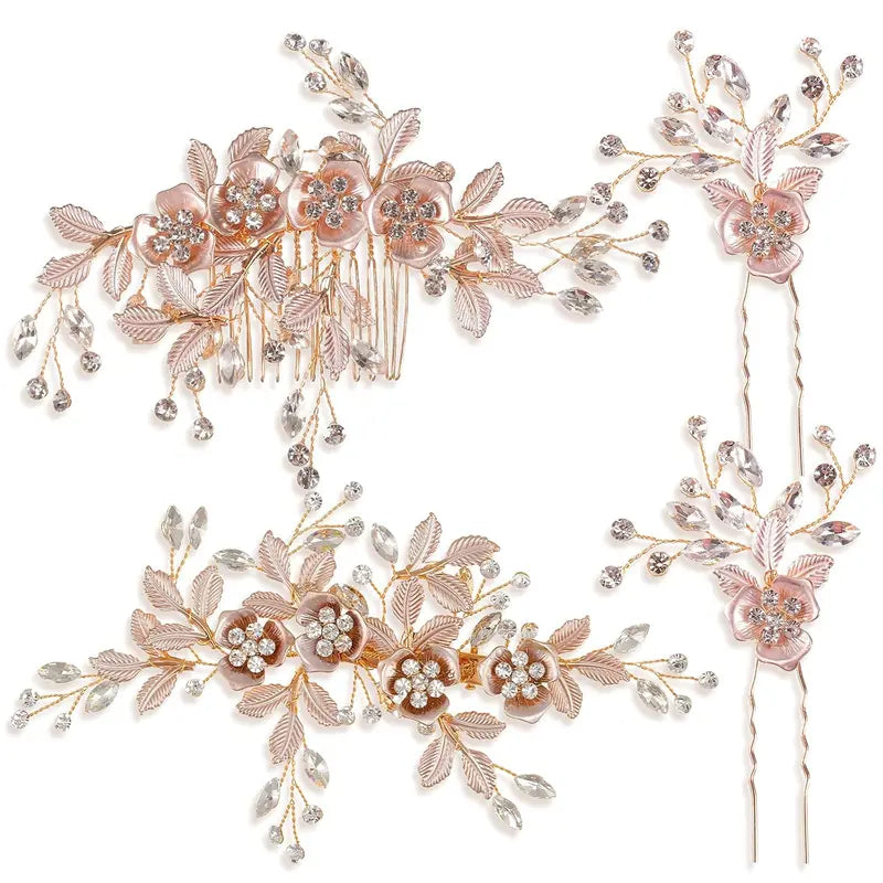 4 PCS Bridal Rose Gold Hair Accessories for Brides and Bridesmaids Rhinestone Hair Pins Crystal Flower Barrette Wedding Combs with Leaves sohochic