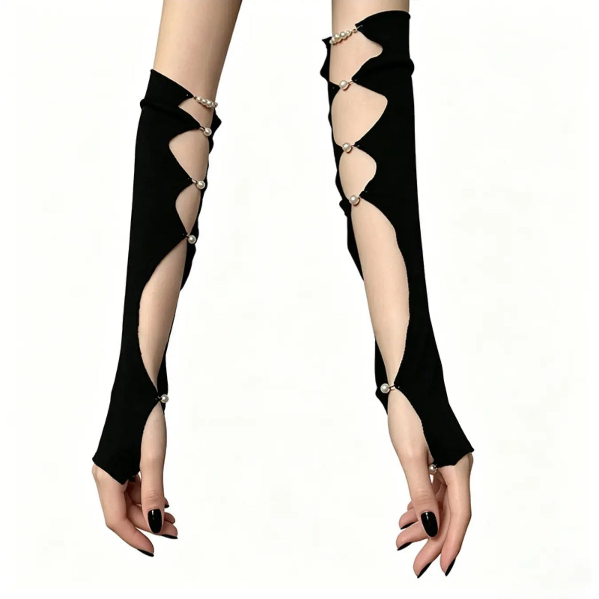 Hollow-out Sexy Arm Sleeves with Pearls for Subculture, Niche Y2K & Dark Gothic Thin Gloves