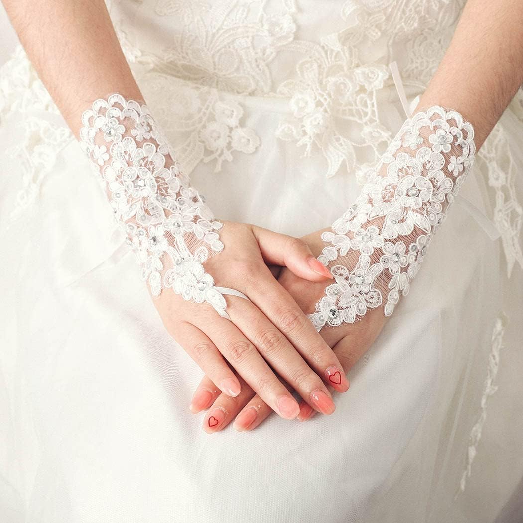 Bride Wedding Short Lace Gloves White Fingerless Rhinestone Gloves Bridal Gloves Accessories for Women