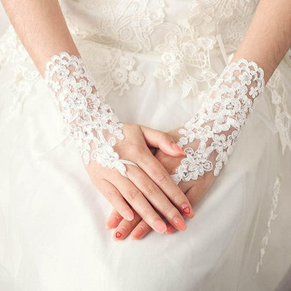 Bride Wedding Short Lace Gloves White Fingerless Rhinestone Gloves Bridal Gloves Accessories for Women
