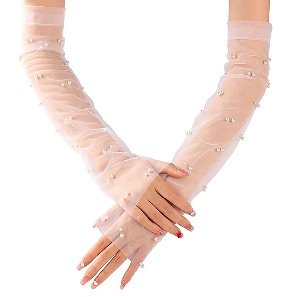 Long Pearl Wedding Gloves Tulle Bridal Gloves Sheer Long Bridal Sleeves Opera Prom Party Costumes for Women