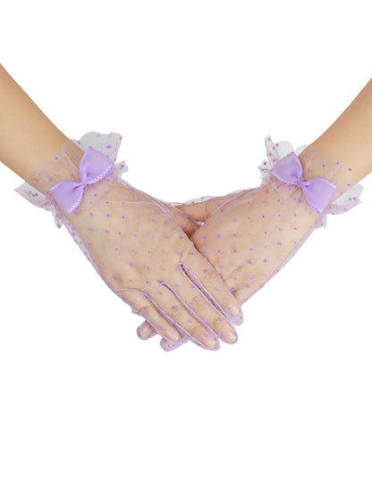 Short Polka Dot Lace Gloves Bow Mesh Tea Party Gloves for Women