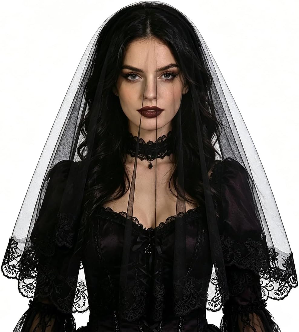 Black Lace Veil, Vintage Gothic Bridal Veil for Halloween, Wedding, Party, Cosplay Costume