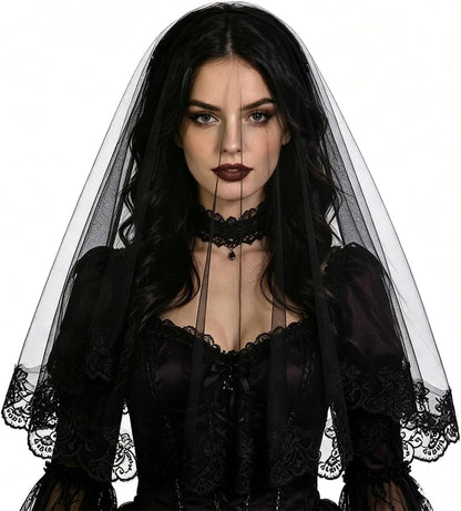 Black Lace Veil, Vintage Gothic Bridal Veil for Halloween, Wedding, Party, Cosplay Costume