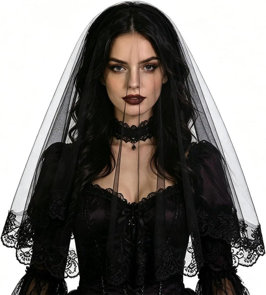 Black Lace Veil, Vintage Gothic Bridal Veil for Halloween, Wedding, Party, Cosplay Costume