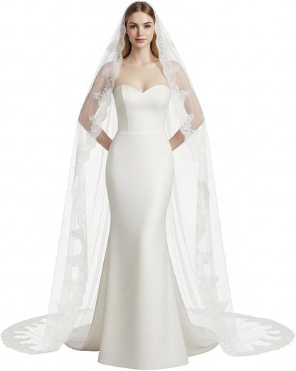 Cathedral Length Wedding Veil Lace Soft Tulle with Comb